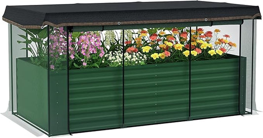 Outsunny 7.3 x 3.4 x 2 ft Galvanized Raised Garden Bed with Crop Cage Plant Protection Net and Shade Cloth Roof, Metal Planter Box with Cover for Vegetables, Flowers, Herbs, Green