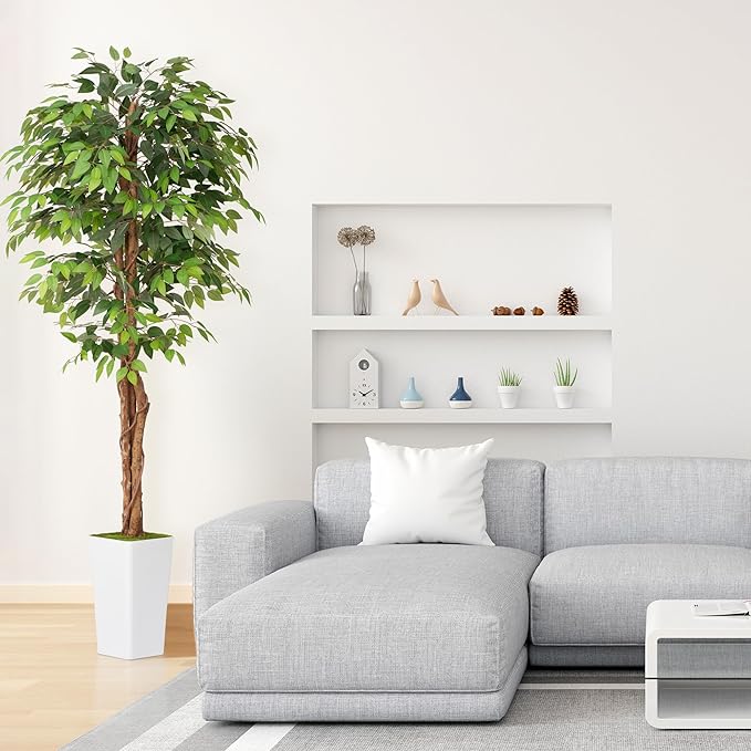Waoops Artificial 7Ft Ficus Silk Tree with Tall Planter - Faux Plants Indoor with Natural Wood Trunk - Large Tall Fake Plants for Home Office Living Room Patio Decor