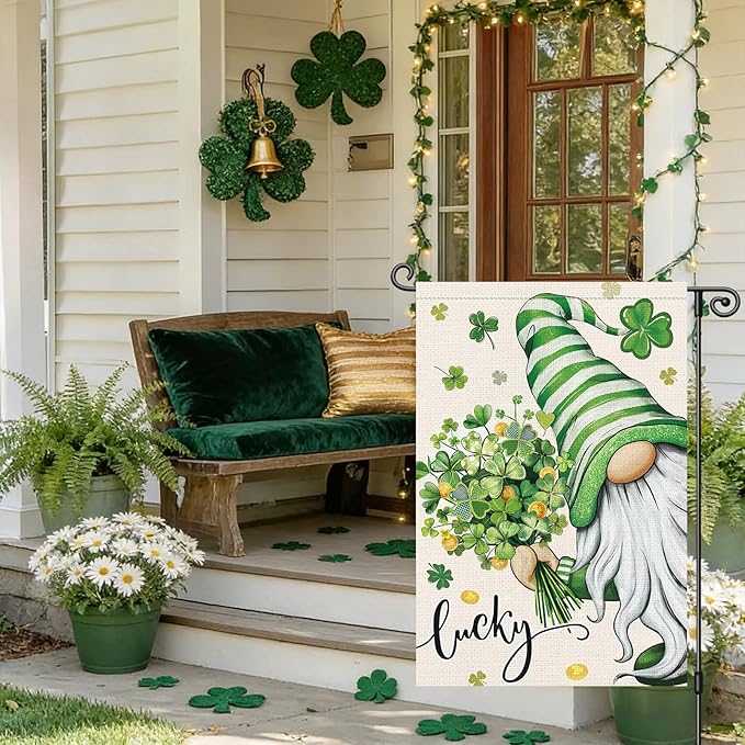 Louise Maelys St Patrick's Garden Flag Gnome Lucky Shamrock Clover 12x18 Inch Double Sided Floral Small Burlap Welcome Saint Patricks Spring Holiday Yard Sign Outside House Decor