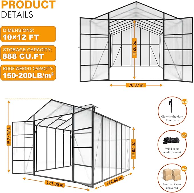Greenhouse for Outdoors 10x12X8.7FT, Polycarbonate Greenhouses with Stronger Wind Protection and Roof Vent, Walk-in Large Aluminum Winter-Proof Sunroom, Black