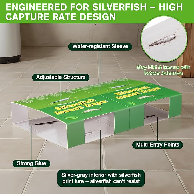 24 Traps Silverfish Trap, 12 Sheets Silverfish Killer Indoor, Non-Toxic Insect Trap with Dual-Color & Pattern Lure for Crawling Insect, Safe for Kids & Pet,Use as 24 Small or 12 Large Detachable Traps