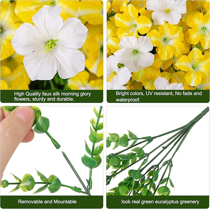 Artificial Flowers for Outdoors Fake Plants Outside Decoration, 20 Bundles Silk Petunia with Eucalyptus UV Resistant Realistic Faux Flowers for Outdoor Planters Garden Balcony Yard Porch Patio, Mix