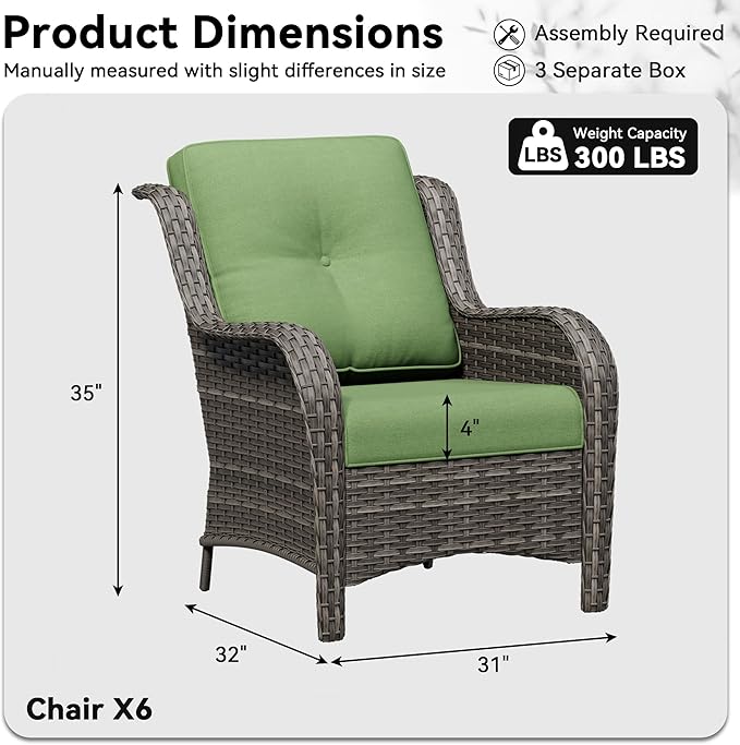 6 Piece Outdoor Wicker Patio Furniture Set, Patio Chairs Set with Thickened Olefin Cushions, High Back and Deep Seating, Hand-Woven PE Rattan for Porch, Deck