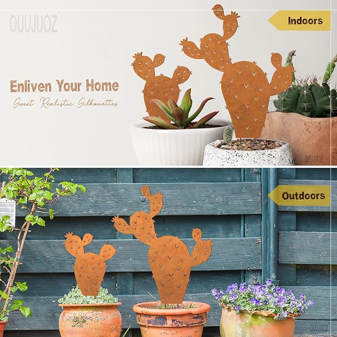 2pcs Metal Cactus Outdoor Decor,Desert Steel Yard Art, Metal Plants Prickly Pear Cactus,Lawn Decoration&Yard Art Outdoor and Garden Clearance Large