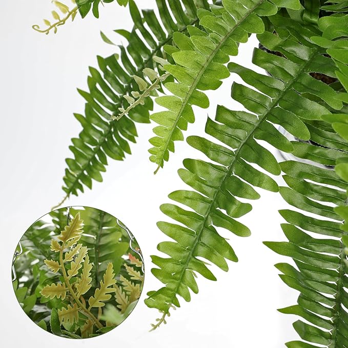 Hollyone 21" Artificial Boston Fern Hanging Basket 31 Leaves Fake Ferns in Rattan Pot Medium Greenery Plants for Outdoors & Indoor Faux Fern Bush Basket Plant Patio Garden Home Decor Green