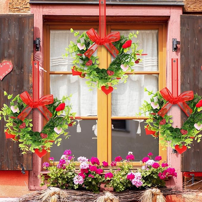 6 Sets Valentine's Day Heart Wreath Artificial Red Berries Heart Swag Kitchen Cabinet Wreaths Hanging Valentines Day Wreaths for Front Door Window Wedding Birthday Home Decoration