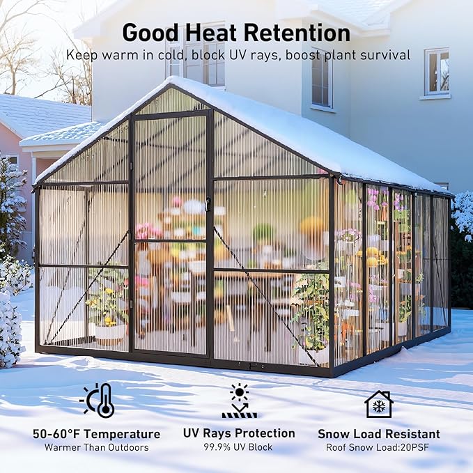 8x10FT Greenhouses for Outdoors, Polycarbonate Green House with UV Protection, Heavy Duty Greenhouse with Windproof Aluminum Frame, Roof Vent & Hygrometer for Backyard or Garden Use