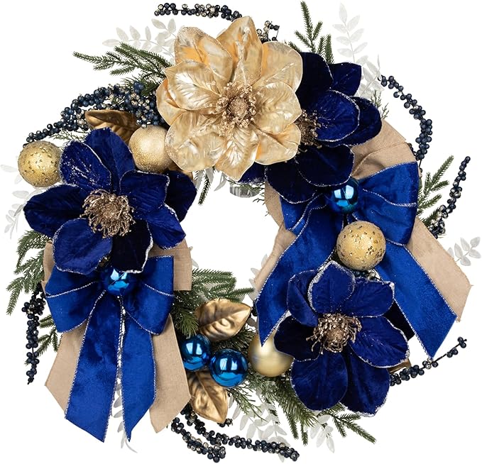 24 Inch Blue and Gold Christmas Wreaths for Front Door with Magnolia Berries, Christmas Door Wreath with Bow Balls, Pine Needles for Home Wall Window Indoor Outdoor Xmas Decorations & Holiday Decor