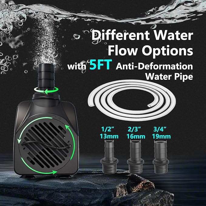 400GPH Auto-Shut-OFF Submersible Pond Pump (1500L/H 25W) Ultra Quiet Fountain Water Pump with 6.5ft High Lift, 3 Nozzles for Aquarium, Fish Tank, Pond, Hydroponics, Statuary,Water Feature.