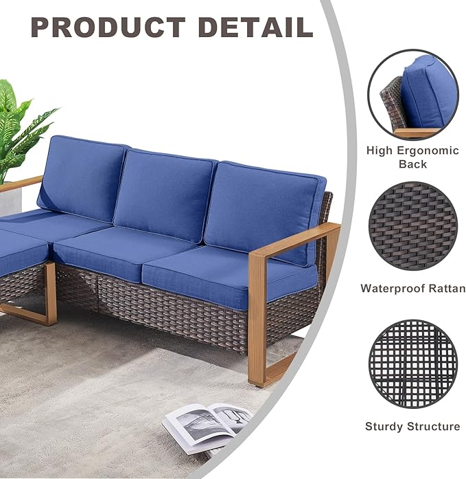 Rilyson Outdoor Wicker Patio Furniture Set - 5 Piece Patio Conversation Set with 2 Wicker Swivel Rocker Chairs,2 Rattan Ottoman and 1 Couch,Thick Cushions,Deep Seating,Wide Armrest(Brown/Blue)