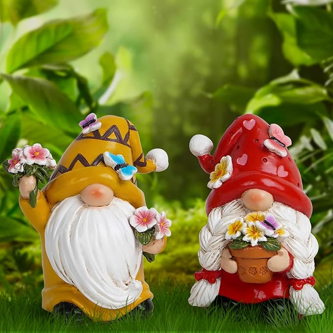Hodao Spring Dance Gnome Set - Butterfly Gnome Figurine Holding Flower Spring Summer Home Indoor Decoration