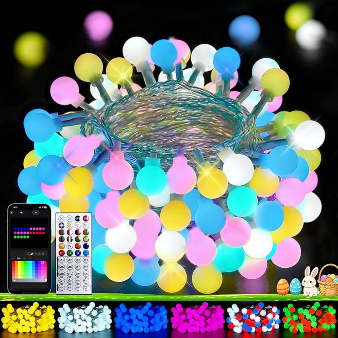 2026 New 46ft Smart Color Changing Easter Lights Outdoor Indoor | 100 LED RGB Globe Pastel String Lights App Control with Remote & Timer, Fairy Light Plug in Waterproof Easter Decor Girl's Bedroom