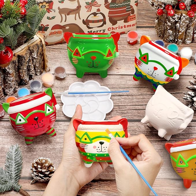 Pasimy 6 Set Ceramics to Paint DIY Ceramic Succulent Planter Pots Paint Your Own Flower Pots Craft Kit Unpainted Bisque Flowerpot with Brush Palette for Family Activity Holiday Gifts(Christmas Cat)