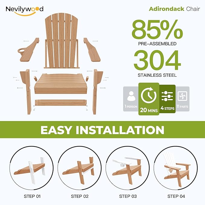 nevilywood Folding Adirondack Chair with Cup Holder Set of 4, HDPE Patio Chairs,All-Weather Outdoor Chairs for Backyard, Deck,Fire Pit-TeakBrown
