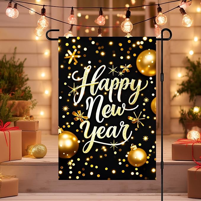 Happy New Year Garden Flag 12x18 Inch Gold Glitter Winter Holiday Yard Decor Seasonal Welcome Banner Outdoor Christmas Lawn Sign Double Sided Polyester For Girls or boys gifts