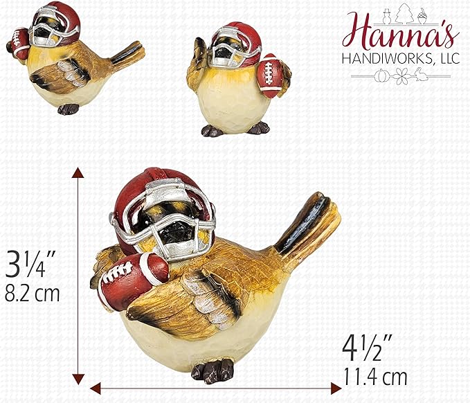 Hanna's Handiworks Little Sparrow Birds with Footballs & Helmets - Resin Statues Home Decor for Indoor Tabletop/Outdoor Covered Garden - for Sports Centerpiece Displays, Parties, Gifts - Set of 3