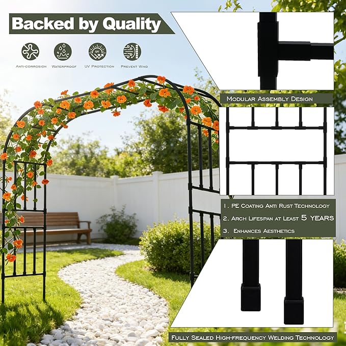 Carotex Square Tube Garden Arch Trellis, 8.2FT x 8.3FT Metal Arbor, Outdoor Trellis for Climbing Plants, Black