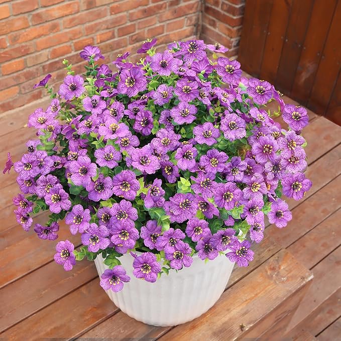 BCBLF Faux Flowers for Outdoor Planters, Artificial Flowers for Outdoors, 12 Bundles Outdoor Indoor Uv Resistant, Artificial Flowers for Decoration, White Silk Faux Spring Flowers for Outside, Purple