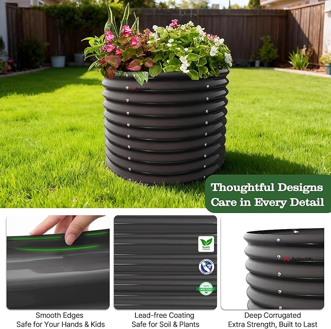 A ANLEOLIFE 30" Extra Tall Galvanized Raised Garden Beds Outdoor, 3x2.5ft Round Metal Planter Boxes for Planting Vegetables, Flowers, Fruits, Eco-Safe & Easy Setup, Quartz Grey