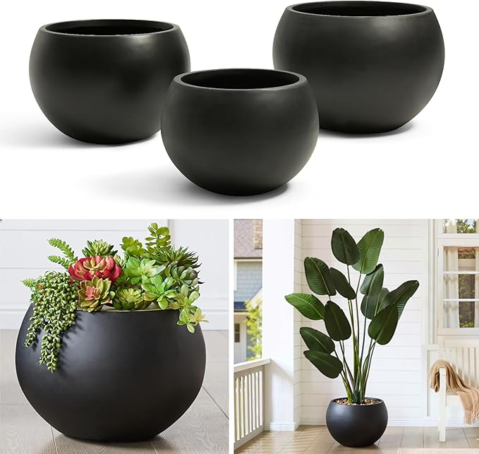 FloraFairy Fiberstone Sphere Planter, Black 19.3" Dia Large Flower Pot with Drainage Hole and Silicone Plug, Round Plant Container for Indoor or Outdoor, 15" Opening-13 H Large