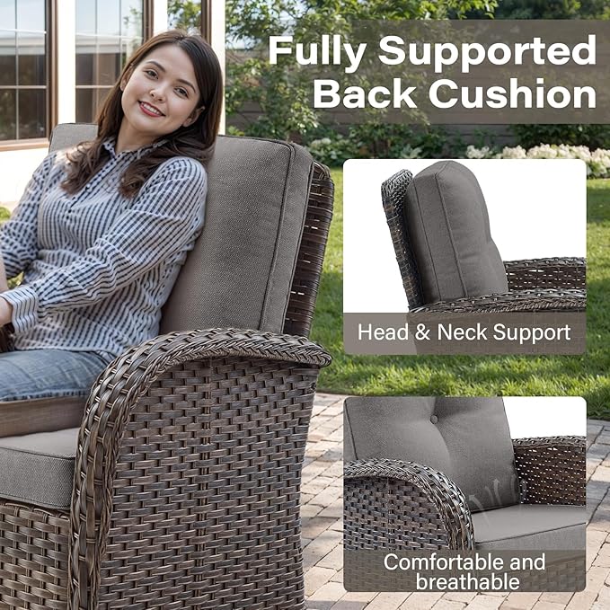 Belord 7 Piece Outdoor Patio Furniture Sets with Rocking Chairs, Wicker Loveseat Conversation Sets for Deck Patio Backyard Poolside, Grey Cushion