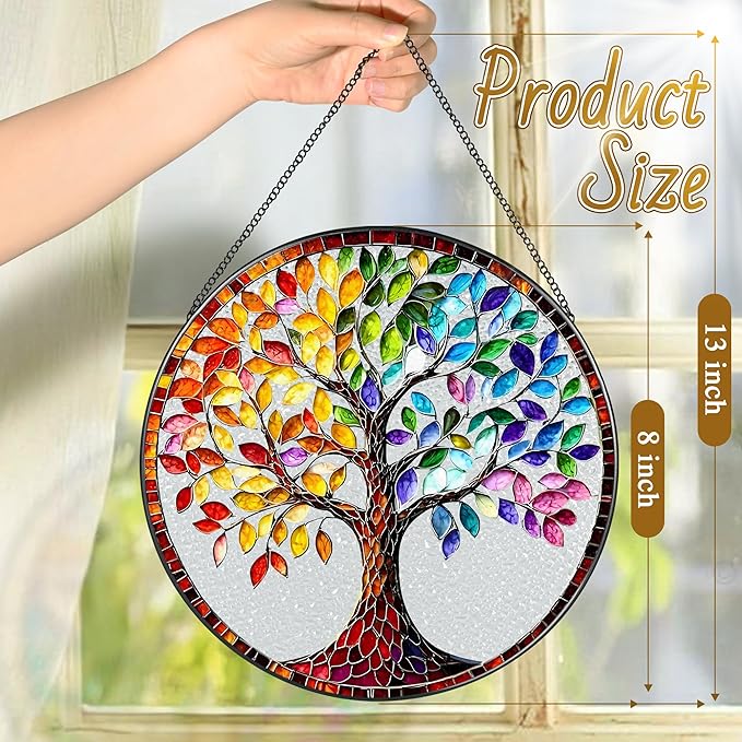 LAOWEIKI 8'' Tree of Life Sun Catcher Ornament, Stained Glass Window Hanging, Suncatchers for Windows Hanging Ornaments, Window Decor | Housewarming Gift, Gifts for Mom & Grandma