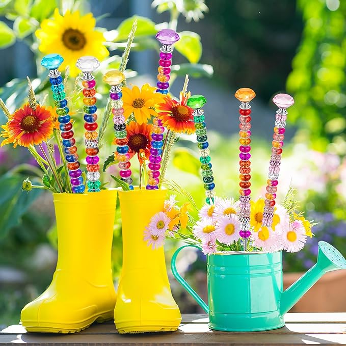 230 Pcs Beaded Garden Stakes, 12IN Fairy Wand Garden Stake Beads Kits with 200 Colorful Assortment Round Large Hole Beads with 10 Crystal Stopper Top,10 Threaded Rod and 10 Nuts for Outdoor Decoration