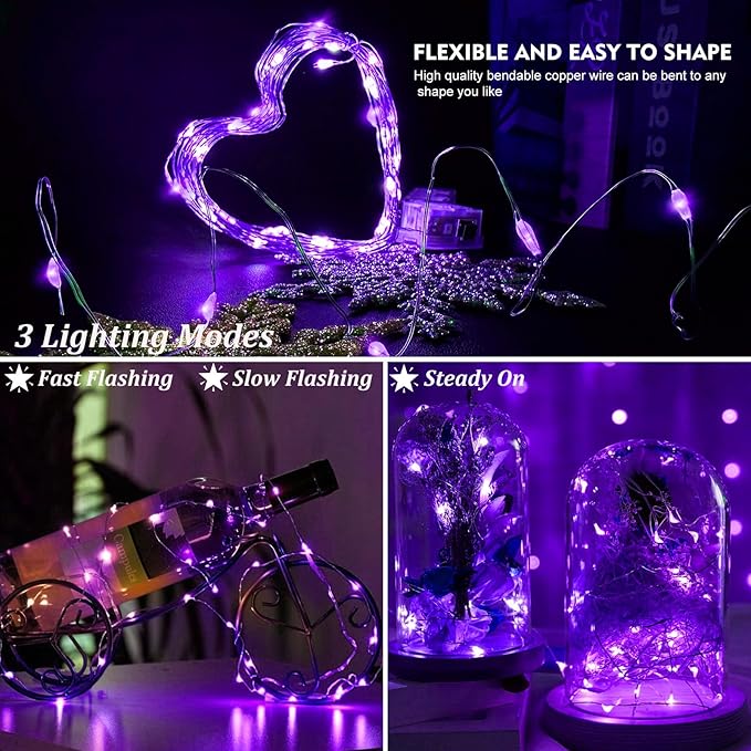 AIKEI 100 Pack LED Fairy Lights Battery Operated, Fairy String Lights 3 Modes Waterproof 7 Feet 20 Led Firefly Starry Lighting for Wedding Party Bedroom Garden Christmas Decoration Purple