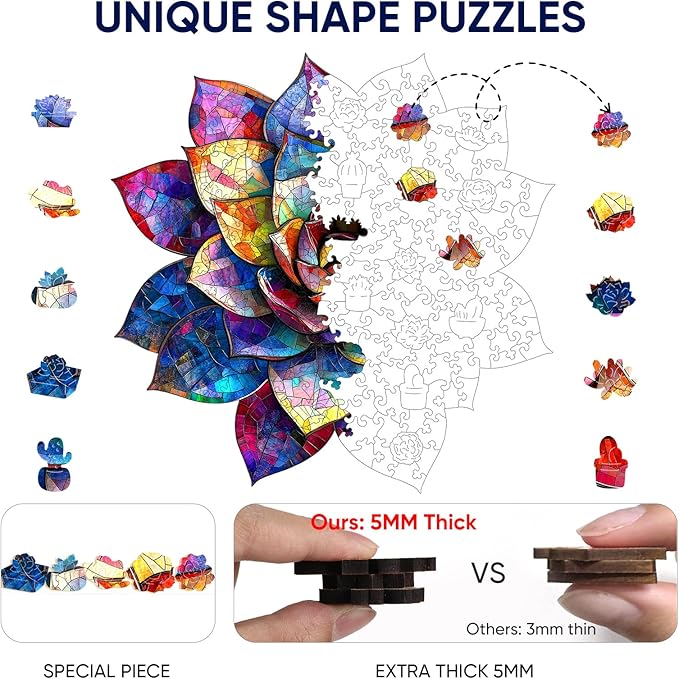 Delobil Wooden Puzzles for Adults, Stained Glass Succulent 200 Pieces Jigsaw Puzzles, Unique Shaped Plant Puzzle Gift for Kids, Family Puzzle Game, 11.2 x 11.1 Inches