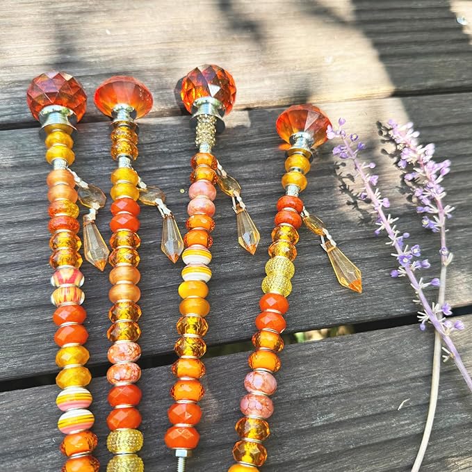 Exway 100 PCS DIY Fairy Wand Beaded Garden Stake Beads Kits with Orange Large Hole Beads 4 Crystal Stopper Top Threaded Rods and 4 Orange Sparkling Crystal Pendants for Outdoor Indoor Decor