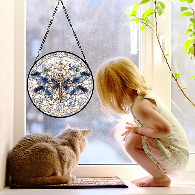 Stained Glass Window Hanging, Dragonfly Flower Suncatcher for Doors Home Sun Catchers Decoration and Christmas, Mother's Day Birthday Gifts for Women, Men, and Mom 11.8x11.8 in