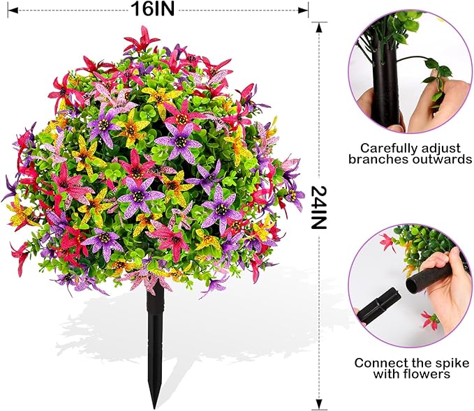 ENVEN Artificial Topiary Ball Tree Outdoor Plants with Ground Spike 22"- UV Resistant Faux Shrubs, Eucalyptus Fake Plants for Indoor & Garden, Yard, Porch, Patio Decor (Mixed Color BlackBerry Lily)