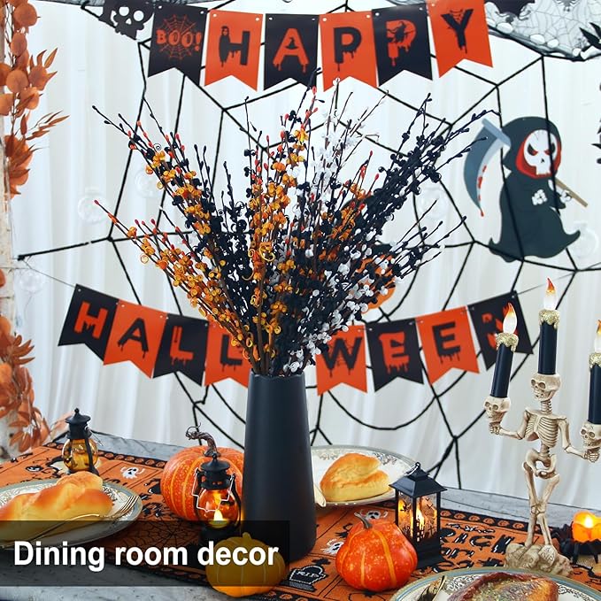 10pcs Jasmine Halloween Flower 29.5'' Long Halloween DIY Floral Picks for Halloween Party Indoor Decorations Gothic Home Badroom Centerpieces Vase Fillers (Orange, White, Black)