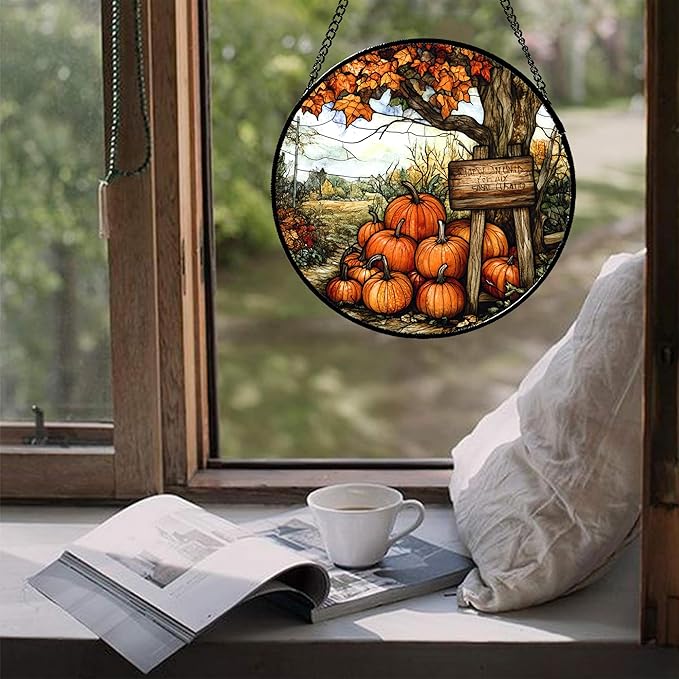 DASTOLL Stained Glass Window Hanging Fall Farm Scenery Maple Trees Pumpkin 9.8" - Suncatcher Door Garden Kitchen Sun Catcher Autumn Decor Birthday for Mom Nana Men Woman Friend