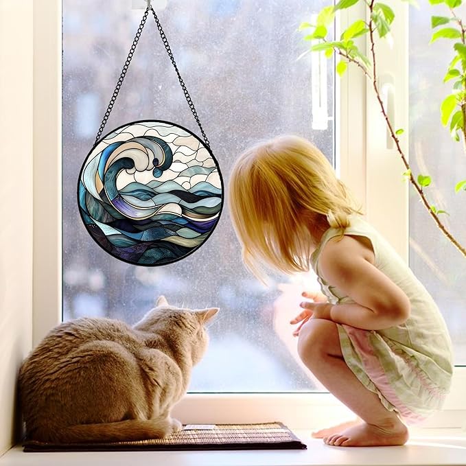 DASTOLL Stained Glass Window Hanging, Ocean Waves Sun Catchers Diamond Glass Panel Hangings Abstract Suncatcher Decor for Birthday for Women, Men, Wife, Aunt, and Mom 7.8 in