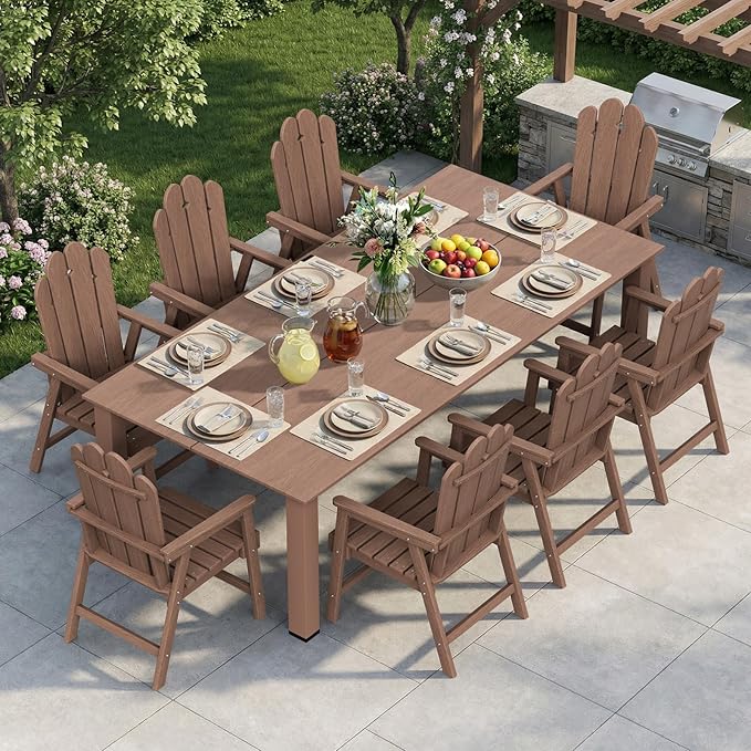 9-Piece Patio Dining Set for 8, Large HDPE All-Weather Outdoor Furniture with Umbrella Hole Table, 89.76” Oversized Table, 8 Armchairs, Brown