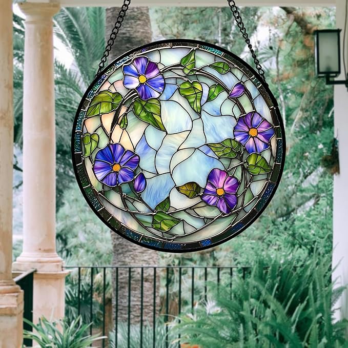 DASTOLL Stained Glass Window Hanging, Purple Morning Glory Flowers Suncatcher for Doors Window Home Plant Sun Catchers Decoration Mother's Day Birthday Gifts for Women, Men, and Mom 6.3x6.3 in