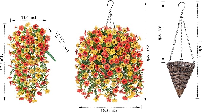 HyeFlora Artificial Hanging Flowers Basket for Outdoor, Fake Flowers Faux Plants Look Real for Yard Gardens Porch Patio Home (Orange+Yellow)