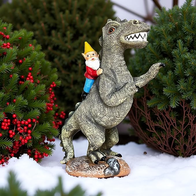 Slo y en i a Funny Garden Gnome Riding Dinosaur Statue - Resin Outdoor Decor for Yard,Patio,Lawn - Whimsical Dinosaur Sculpture Gift for Garden Lovers