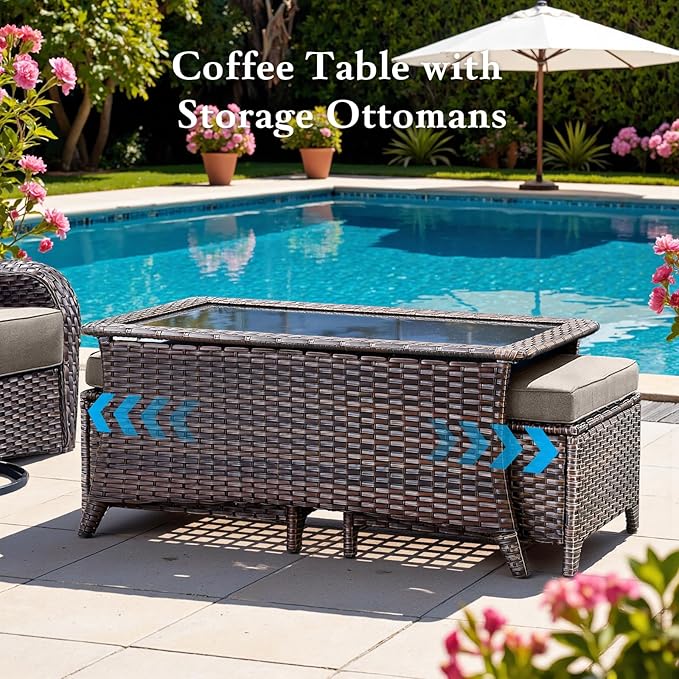 Belord Luxury 6" Thick Cushioned 8 Pieces Patio Furniture Set with Outdoor Couch, Wicker Outdoor Conversation Set with High Back Swivel Rocker Chairs for Deck Porch Yard and Poolside - Brown+Grey