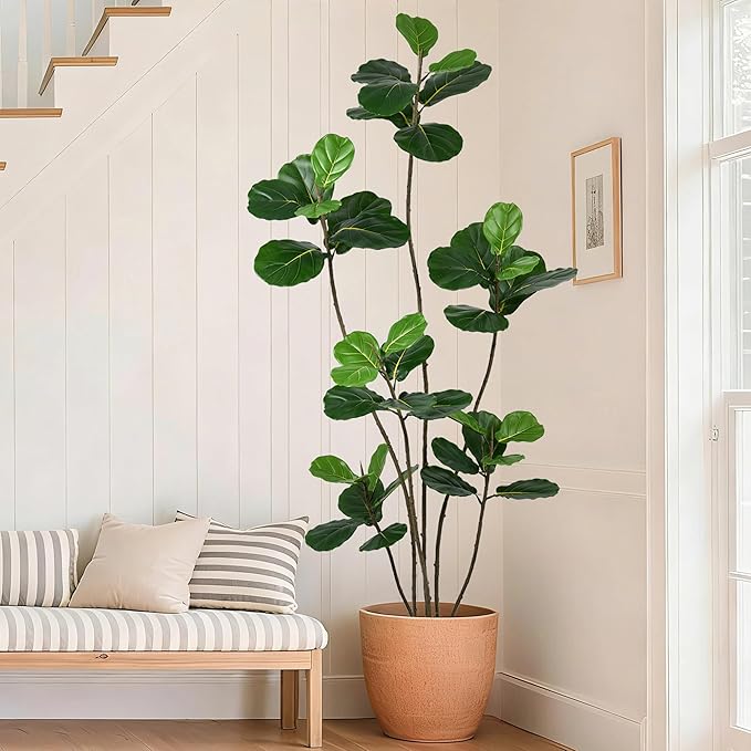 Artificial Fiddle Leaf Fig Tree 6FT- Tall Faux Tree with 40 Lifelike Leaves, 6 Heads, 72" Large Ficus Lyrata Fake Potted Plant for Home Office Living Room Corner Porch Indoor Decor