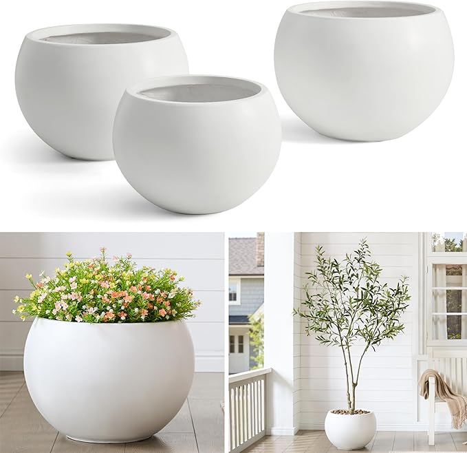 FloraFairy Fiberstone Sphere Planter, 15.8" Dia Round Flower Pot with Drainage Hole and Removable Plug, Plant Pot for Indoor Outdoor Use, 11.8" Opening-10.9" H Medium, White