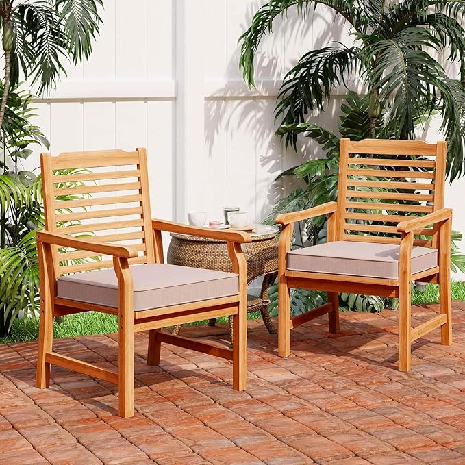 PHI VILLA 4 Pieces Acacia Wood Outdoor Dining Chairs with Cushions, Patio Wooden Armchairs Set of 4, Natural Teak Dining Chairs for Deck, Yard, Porch