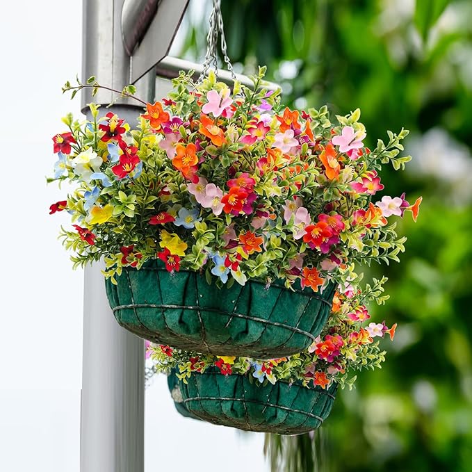 Carfoeny 4 Bundles Artificial Flowers for Outdoors, UV Resistant Silk Fake Flowers Bulk, Multi-Color Faux Wildflowers Bouquets for Window Box, Porch, Hanging Planter, Cemetery Grave Decorations