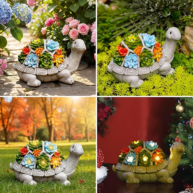 Nacome Solar Garden Outdoor Statues Turtle with Succulent and 7 LED Lights - Lawn Decor Tortoise Statue for Patio, Balcony, Yard Ornament - Chrismtas Gifts for Mom Grandma