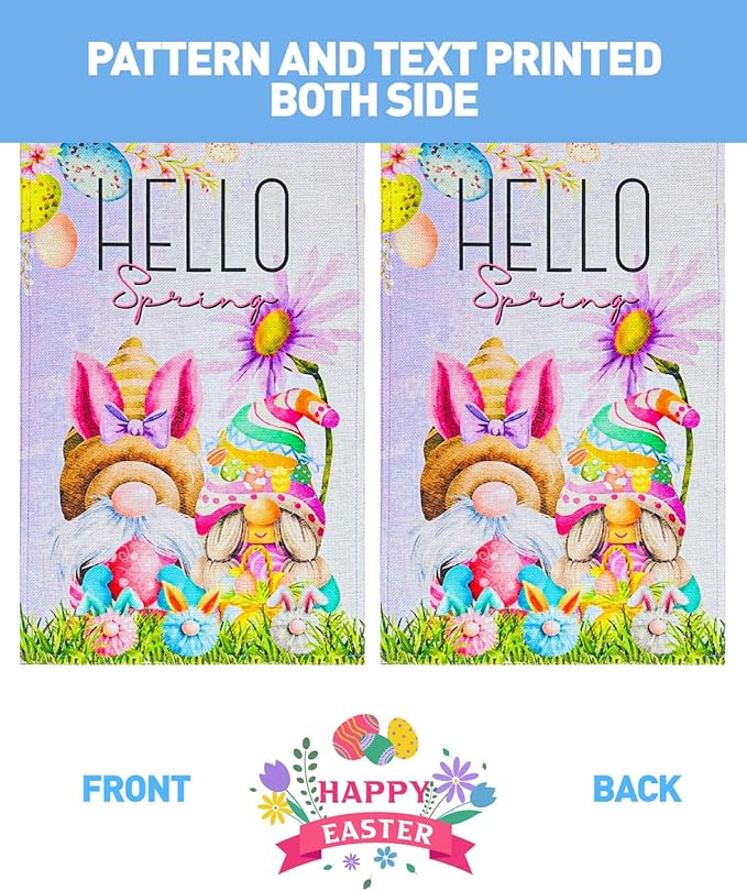 Easter Gnomes Garden Flag 12×18 Inch Double Sided for Outside Hello Spring Small Vertical Burlap Yard Flags Outdoor Lawn Porch Decoration