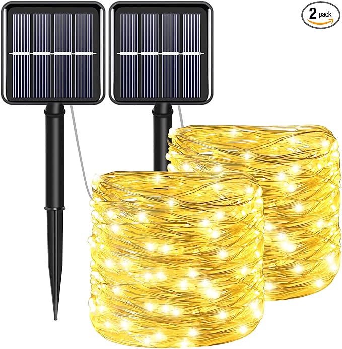 YAOZHOU Solar String Lights for Outside, Fairy Lights Outdoor Waterproof, Warm White 2Pack Total 200LED 66Ft 8 Modes Mini Small Solar Powered Lights for Christmas, Garden, Patio, Fence, Balcony