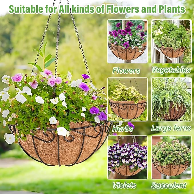 Legigo 2 Pack 14 Inch Hanging Baskets Planters for Outdoor Plants- Metal Round Hanging Baskets with Coconut Coir Liner, Wire Hanging Flower Pots for Outside Garden Porch Decorations