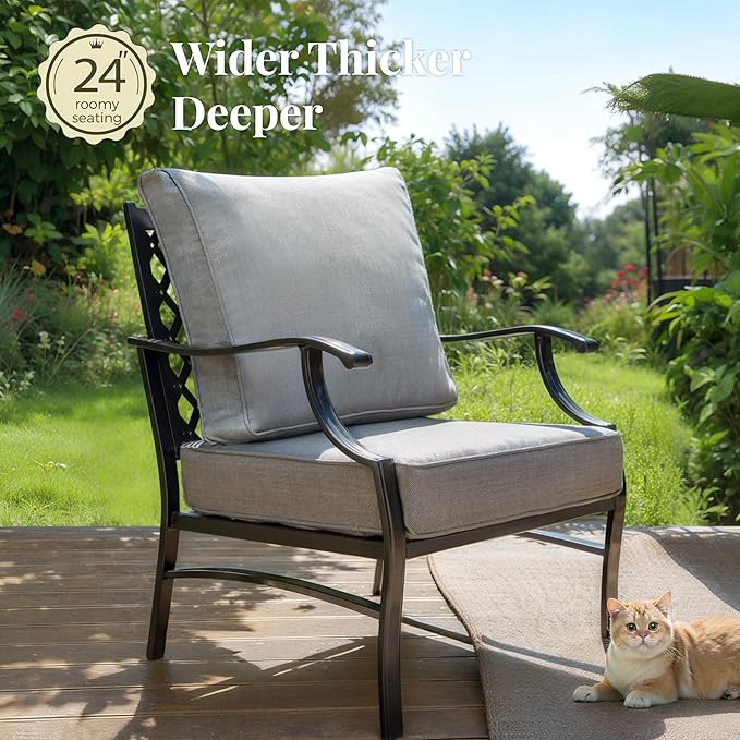 Patio Chairs Set of 2, High Back Outdoor Patio Metal Leg Chairs with 5.75" Thick Cushions for Bistro Balcony Porch Deck and Yard, Grey
