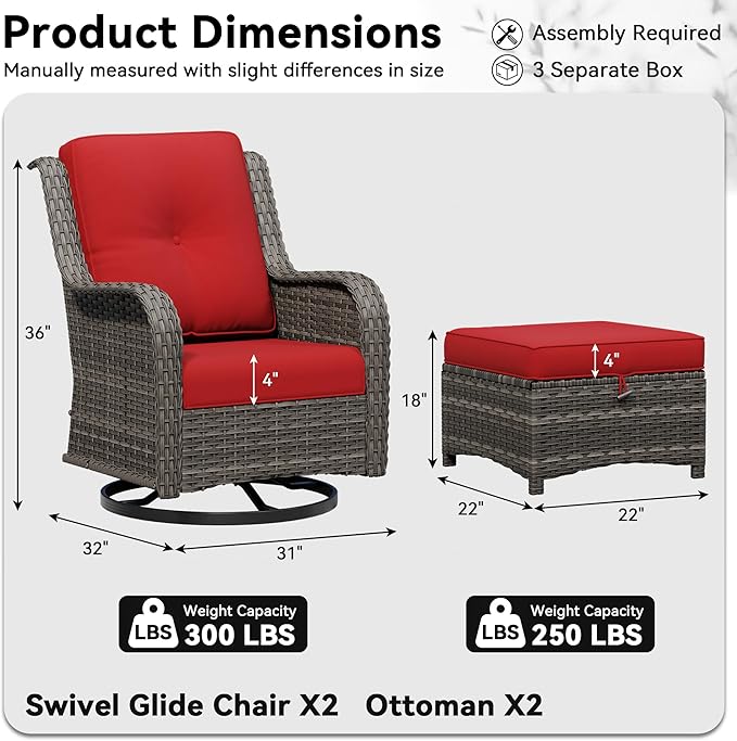 4 Piece Outdoor Wicker Patio Furniture Set, Outdoor Swivel Rocker Patio Chairs Set with Thickened Olefin Cushions, High Back and Deep Seating, Hand-Woven PE Rattan, Ottoman for Porch, Deck